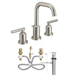 Moen® TV6142BN Gibson™ High Arc Bathroom Faucet, 1.2 gpm Flow Rate, 6 in H Spout, 8 to 16 in Center, Brushed Nickel, 2 Handles, Pop-Up Drain, Domestic