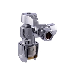 Sharkbite® UR25558 1/4 Turn Dual Outlet Angle Stop, 1/2 x 3/8 x 3/8 in Nominal, Push-to-Connect End Style, 125 psi Pressure, Lead-Free DZR Brass Body