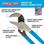 Channellock TOG-L-LOK® Tongue and Groove Pliers, 9.5" L, 1.12" L Jaw, 1.5" Capacity, Blue Plastic Grip Handle, High Carbon Steel, Straight Jaw