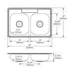 Elkay® K233223 Dayton® Kitchen Sink, Satin, Rectangle Shape, 14 in Left, 14 in Right L x 15-3/4 in Left, 15-3/4 in Right W x 5-7/8 in Left, 5-7/8 in Right D Bowl, 3 Faucet Holes, 33 in L x 22 in W x 6-1/16 in H, Stainless Steel
