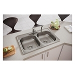 Elkay® D233224 Dayton® Kitchen Sink, Satin, Rectangle Shape, 14 in Left, 14 in Right L x 15-3/4 in Left, 15-3/4 in Right W x 6-3/8 in Left, 6-3/8 in Right D Bowl, 4 Faucet Holes, 33 in L x 22 in W x 6-9/16 in H, Stainless Steel