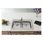 Elkay® GE233223 Dayton® Kitchen Sink, Satin, Rectangle Shape, 14 in Left, 14 in Right L x 15-3/4 in Left, 15-3/4 in Right W x 5-1/4 in Left, 5-1/4 in Right D Bowl, 3 Faucet Holes, 33 in L x 22 in W x 5-3/8 in H, Stainless Steel