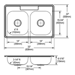 Elkay® K233223 Dayton® Kitchen Sink, Satin, Rectangle Shape, 14 in Left, 14 in Right L x 15-3/4 in Left, 15-3/4 in Right W x 5-7/8 in Left, 5-7/8 in Right D Bowl, 3 Faucet Holes, 33 in L x 22 in W x 6-1/16 in H, Stainless Steel