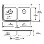Elkay® LRAD3319653 Lustertone™ Classic Kitchen Sink, Rectangle Shape, 14 in Left, 14 in Right L x 14 in Left, 14 in Right W Bowl x 6-3/8 in Left, 6-3/8 in Right D Bowl, 3 Faucet Holes, 33 in L x 19-1/2 in W x 6-1/2 in H, Stainless Steel
