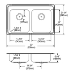 Elkay® LRAD3321653 Lustertone™ Classic Kitchen Sink, Rectangle Shape, 13-1/2 in Left, 13-1/2 in Right L x 16 in Left, 16 in Right W Bowl x 6-3/8 in Left, 6-3/8 in Right D Bowl, 3 Faucet Holes, 33 in L x 21-1/4 in W x 6-1/2 in H