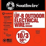 Southwire® 13059122 Type UF-B Building Wire With Ground Wire, Coil Packaging, 600 V, (3) 10 AWG Solid Copper Conductor, 50 ft L, Gray