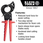 Klein® 63060 Ratcheting Cable Cutter, 400 kcmil, 600 kcmil, 1-1/8 in Cable/Wire, 10-1/4 in OAL, Hardened Steel Jaw