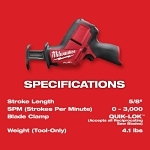 Milwaukee® M12™ FUEL™ 2520-20 Cordless Reciprocating Saw, 5/8 in L Stroke, 3000 spm, Straight Stroke, 12 V DC, 11 in OAL