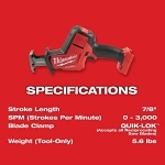 Milwaukee® 2719-20 Cordless Reciprocating Saw, 7/8 in L Stroke, 0 to 3000 spm, Straight Stroke, 18 V DC, 6-1/2 in OAL