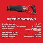 Milwaukee® SUPER SAWZALL® 2722-20 Cordless Reciprocating Saw, 1-1/4 in L Stroke, 0 to 3000 spm, 18.9 in OAL