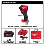 Milwaukee® 2761-22 Hydraulic Driver Kit, 1/4 in Hex Drive, 1000 in-lb Torque, 18 V, 4.33 in OAL