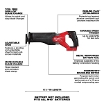 Milwaukee® 2821-20 M18 FUEL™ SAWZALL® Cordless Reciprocating Saw With Integrated Work Light, Keyless Adjustable Shoe and Keyless Blade Clamp, 1-1/4 in L Stroke, 0 to 3000 spm, 18 V DC, 17.1 in OAL