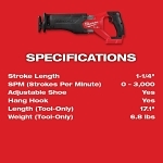 Milwaukee® 2821-20 M18 FUEL™ SAWZALL® Cordless Reciprocating Saw With Integrated Work Light, Keyless Adjustable Shoe and Keyless Blade Clamp, 1-1/4 in L Stroke, 0 to 3000 spm, 18 V DC, 17.1 in OAL