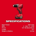Milwaukee® 3692-22CT Compact Brushless Drill Driver Tool, 18 V, 2 Ah Battery Lithium-ion Li-Ion Battery, Metal Chuck Type, 1/2 in Chuck Size, 5.7 in Length, 7.95 in Height, 2.2 in Width, 1700 rpm Speed, 550 in-lb Torque