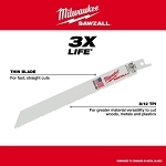 Milwaukee® SAWZALL® 48-00-5091 Straight Back Thin Kerf Reciprocating Saw Blade, 6 in L x 3/4 in W, 8/12 TPI, Bi-Metal Body, Universal/Toothed Edge Tang