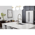 Moen® 5925SRS Sleek™ Pre-Rinse Spring Pulldown Kitchen Faucet, 1.5 gpm Flow Rate, Spot Resist® Stainless Steel, 1 Handles, 1 or 3 Faucet Holes, Function: Traditional, Import