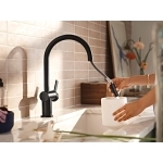 Moen® 7622BL 7622 Cia Pull-Down Kitchen Faucet, 1.5 gpm Flow Rate, Matte Black, 1 Handles, 1, 3 Faucet Holes, Domestic, Commercial