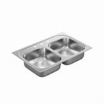 Moen® BG222173 2200 Drop-In Kitchen Sink, Stainless, Rectangle Shape, 14 in Left, 14 in Right L x 15-1/2 in Left, 15-1/2 in Right W, 3 Faucet Holes, 33 in L x 22 in W x 6-1/2 in H, Stainless Steel