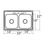 Moen® BG222173 2200 Drop-In Kitchen Sink, Stainless, Rectangle Shape, 14 in Left, 14 in Right L x 15-1/2 in Left, 15-1/2 in Right W, 3 Faucet Holes, 33 in L x 22 in W x 6-1/2 in H, Stainless Steel