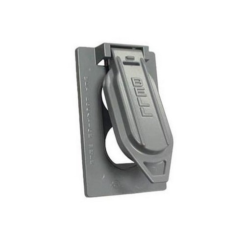 Bell Outdoor Weatherproof Device Cover, 2.813" x 0.797" x 4.563", 1-Gang, Duplex Receptacle Opening, Gray, Powder Coated, Rugged Die-Cast Aluminum, Device Mount, Vertical Position, Flip/Snap, Self-Closing